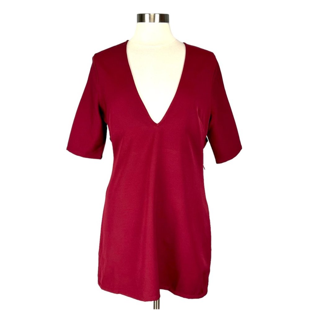 Tobi Womens Burgundy Deep V Neck Mini Dress Cutout Open Back size Large